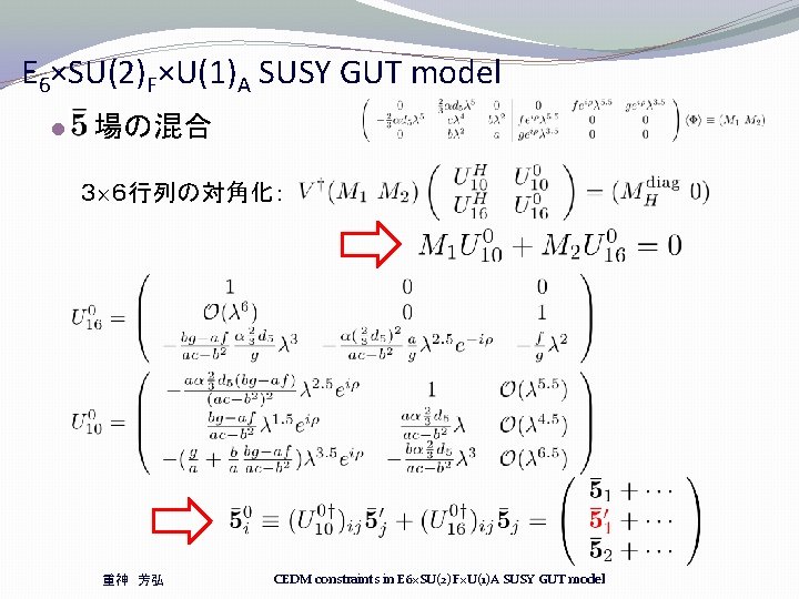 E 6×SU(2)F×U(1)A SUSY GUT model l 場の混合 3×6行列の対角化: 重神 芳弘 CEDM constraints in E E 6×SU(2)F×U(1)A SUSY GUT model l 場の混合 3×6行列の対角化: 重神 芳弘 CEDM constraints in E