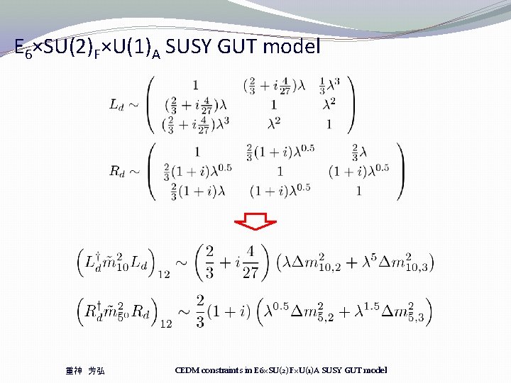 E 6×SU(2)F×U(1)A SUSY GUT model 重神 芳弘 CEDM constraints in E 6×SU(2)F×U(1)A SUSY GUT E 6×SU(2)F×U(1)A SUSY GUT model 重神 芳弘 CEDM constraints in E 6×SU(2)F×U(1)A SUSY GUT