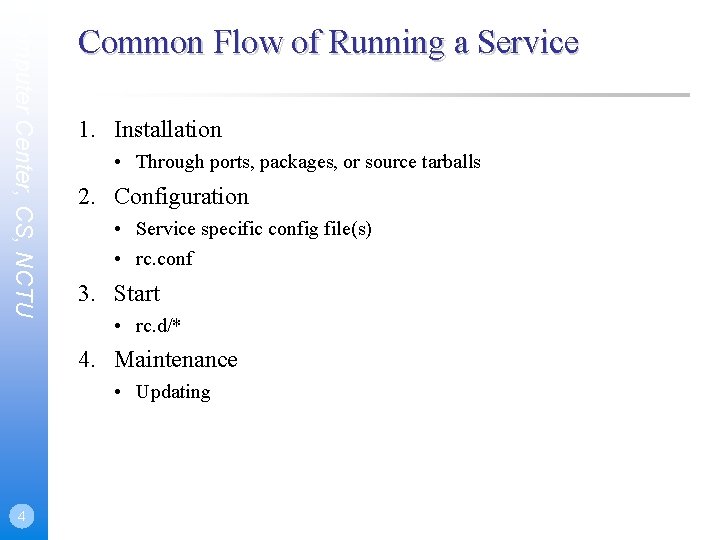 Computer Center, CS, NCTU Common Flow of Running a Service 1. Installation • Through