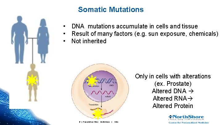 Somatic Mutations • DNA mutations accumulate in cells and tissue • Result of many