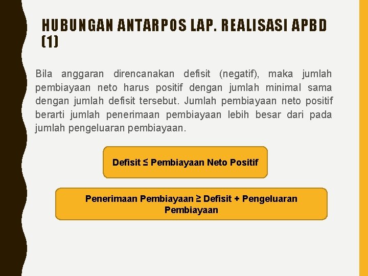 HUBUNGAN ANTARPOS LAP. REALISASI APBD (1) Bila anggaran direncanakan defisit (negatif), maka jumlah pembiayaan