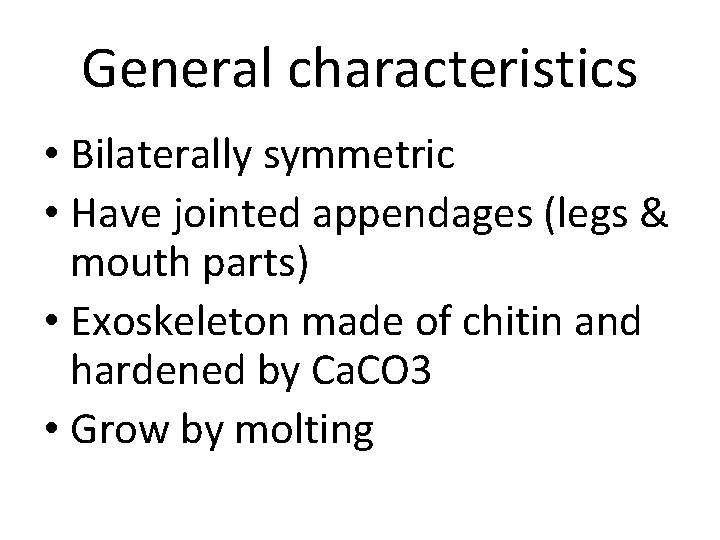 General characteristics • Bilaterally symmetric • Have jointed appendages (legs & mouth parts) •