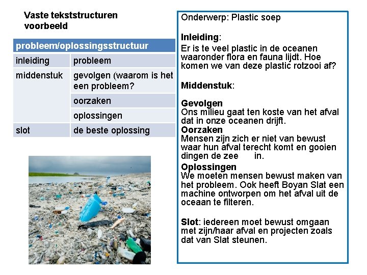 Vaste tekststructuren voorbeeld probleem/oplossingsstructuur Onderwerp: Plastic soep Inleiding: Er is te veel plastic in