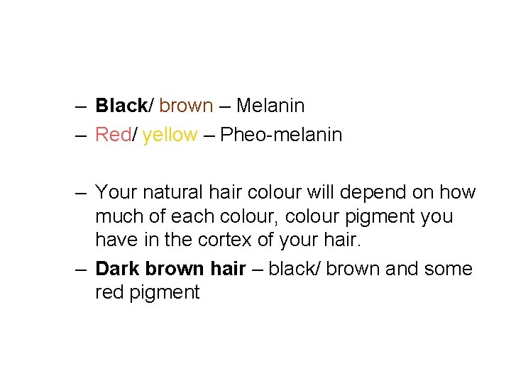 – Black/ brown – Melanin – Red/ yellow – Pheo-melanin – Your natural hair