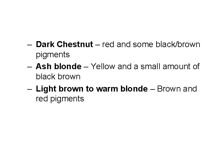 – Dark Chestnut – red and some black/brown pigments – Ash blonde – Yellow