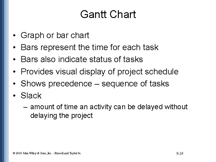 Gantt Chart • • • Graph or bar chart Bars represent the time for
