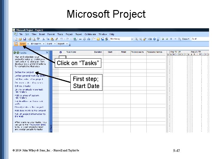 Microsoft Project Click on “Tasks” First step; Start Date © 2014 John Wiley &