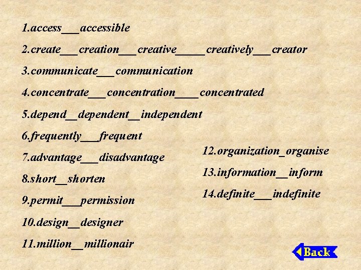 1. access___accessible 2. create___creation___creative_____creatively___creator 3. communicate___communication 4. concentrate___concentration____concentrated 5. depend__dependent__independent 6. frequently___frequent 7. advantage___disadvantage