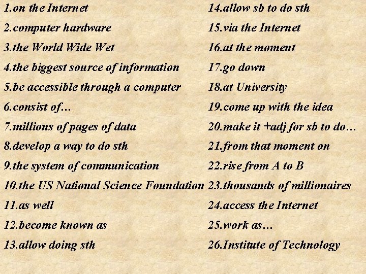 1. on the Internet 14. allow sb to do sth 2. computer hardware 15.