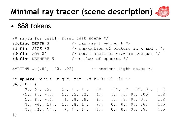 Minimal ray tracer (scene description) • 888 tokens 