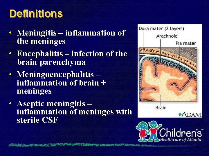 Definitions • Meningitis – inflammation of the meninges • Encephalitis – infection of the