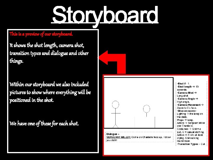 This is a preview of our storyboard. It shows the shot length, camera shot,