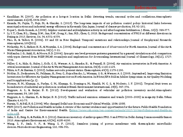 References • Kandlikar, M. (2007). Air pollution at a hotspot location in Delhi: detecting