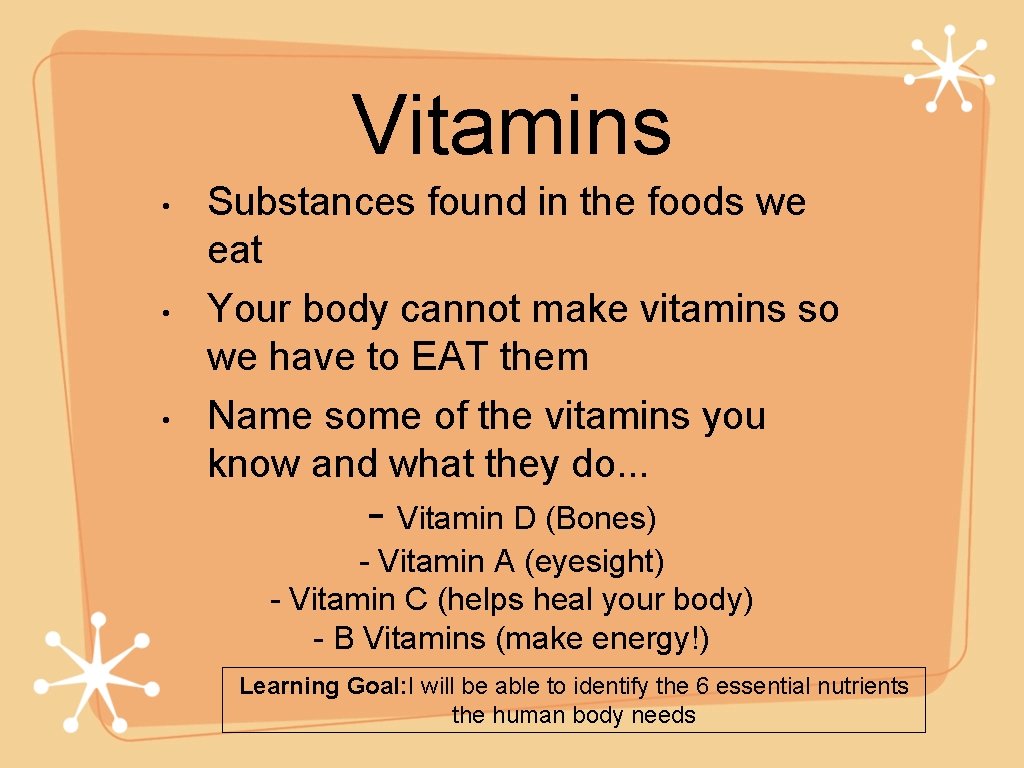 Vitamins • • • Substances found in the foods we eat Your body cannot