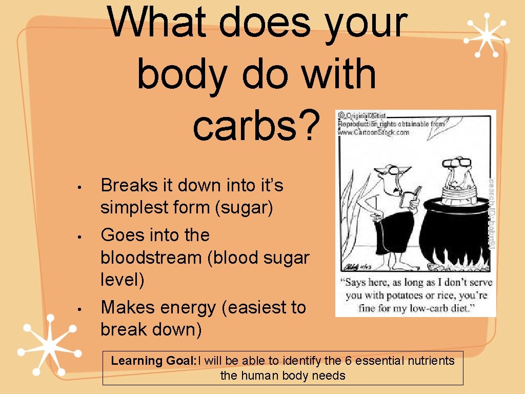What does your body do with carbs? • • • Breaks it down into