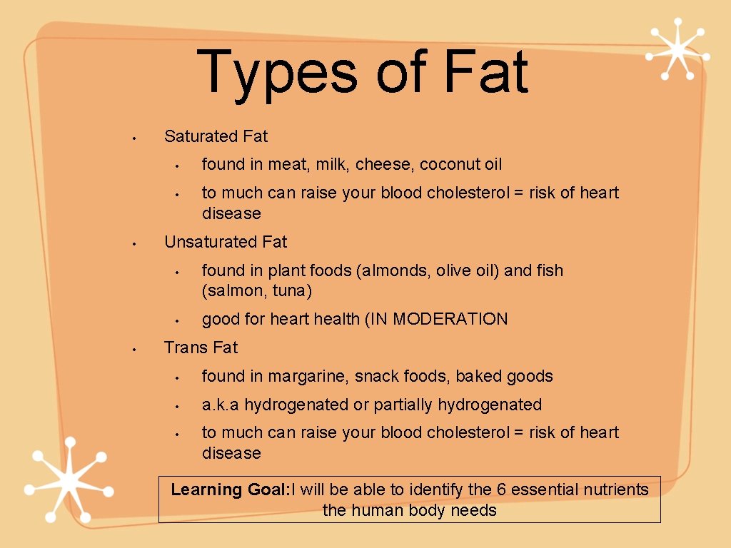 Types of Fat • Saturated Fat • • • to much can raise your