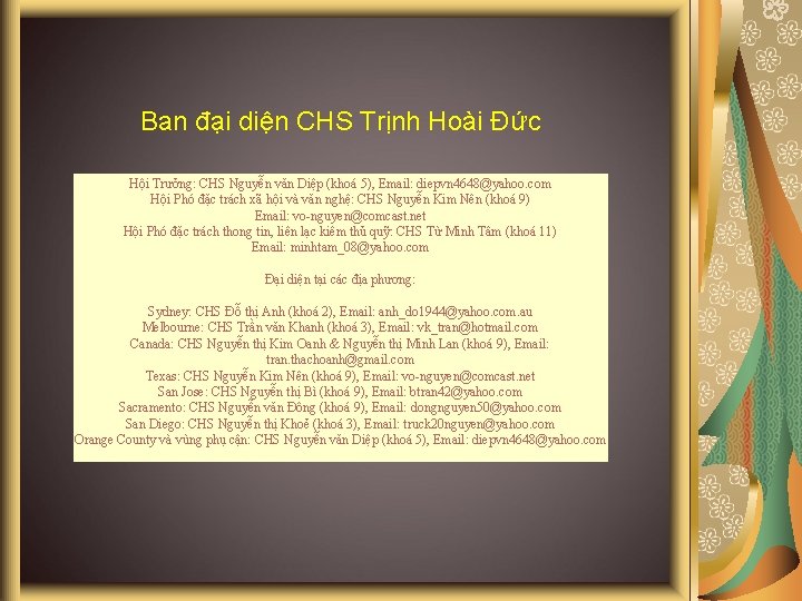 Ban đại diện CHS Trịnh Hoài Đức Hội Trưởng: CHS Nguyễn văn Diệp (khoá