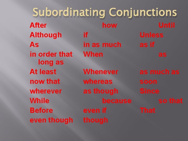 Subordinating Conjunctions After Although As in order that long as At least now that