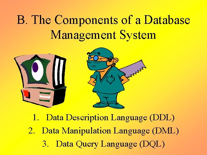 B. The Components of a Database Management System 1. Data Description Language (DDL) 2. B. The Components of a Database Management System 1. Data Description Language (DDL) 2.
