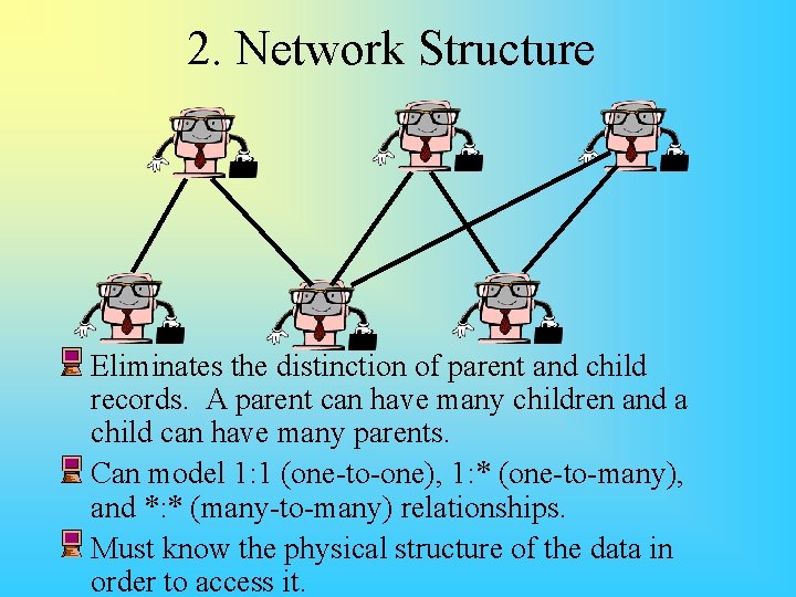 2. Network Structure Eliminates the distinction of parent and child records. A parent can 2. Network Structure Eliminates the distinction of parent and child records. A parent can
