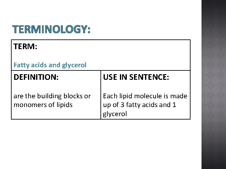 TERMINOLOGY: TERM: Fatty acids and glycerol DEFINITION: USE IN SENTENCE: are the building blocks