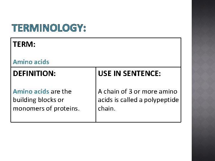 TERMINOLOGY: TERM: Amino acids DEFINITION: USE IN SENTENCE: Amino acids are the building blocks
