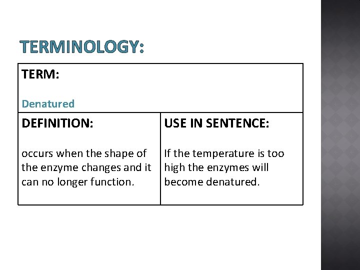 TERMINOLOGY: TERM: Denatured DEFINITION: USE IN SENTENCE: occurs when the shape of the enzyme