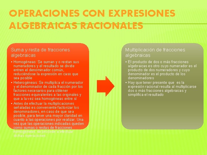 OPERACIONES CON EXPRESIONES ALGEBRAICAS RACIONALES Suma y resta de fracciones algebraicas Multiplicación de fracciones