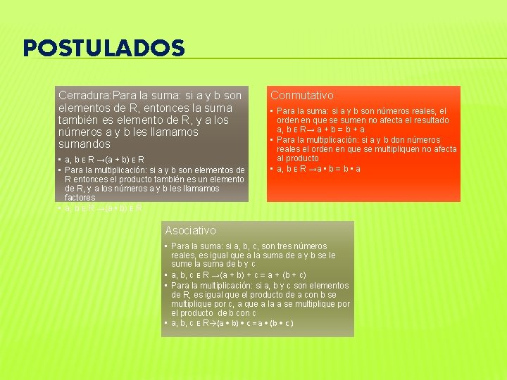 POSTULADOS Cerradura: Para la suma: si a y b son elementos de R, entonces