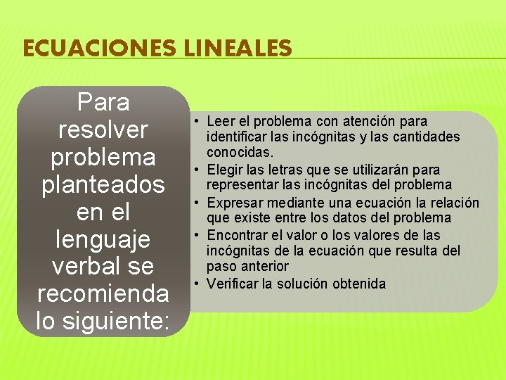 ECUACIONES LINEALES Para resolver problema planteados en el lenguaje verbal se recomienda lo siguiente: