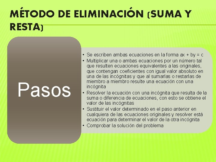 MÉTODO DE ELIMINACIÓN (SUMA Y RESTA) Pasos • Se escriben ambas ecuaciones en la