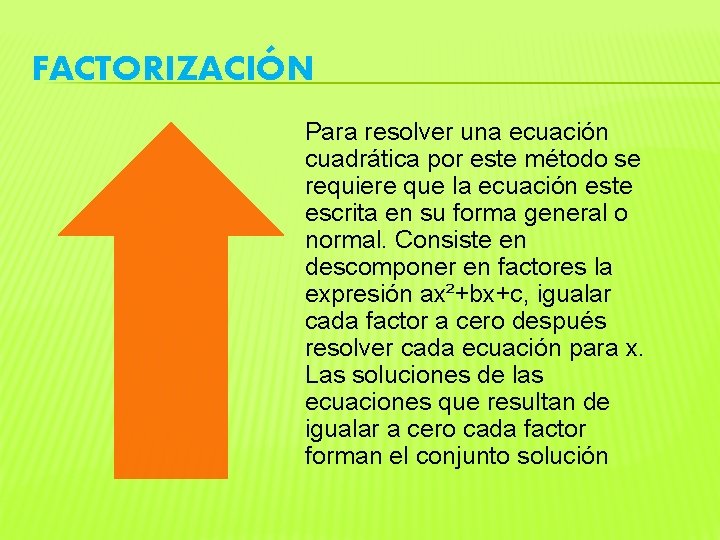 FACTORIZACIÓN Para resolver una ecuación cuadrática por este método se requiere que la ecuación