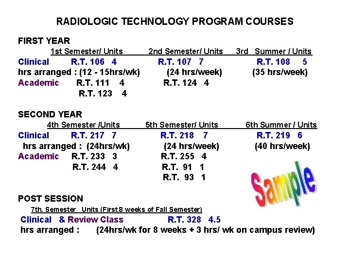 RADIOLOGIC TECHNOLOGY PROGRAM COURSES FIRST YEAR 1 st Semester/ Units Clinical R. T. 106