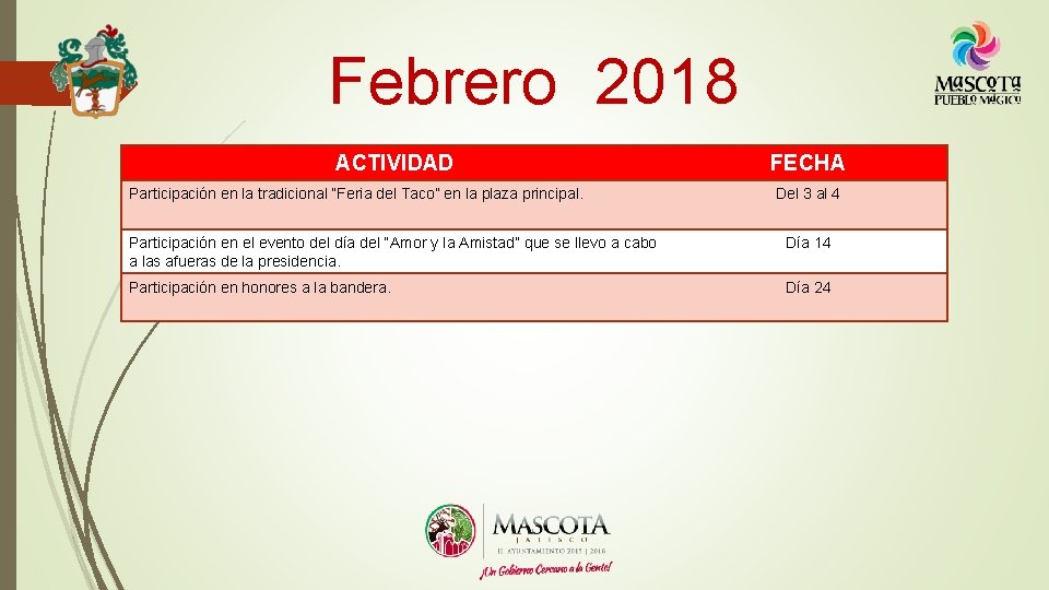 Febrero 2018 ACTIVIDAD Participación en la tradicional “Feria del Taco” en la plaza principal.