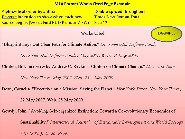 MLA Format Works Cited Page Example Alphabetical order by author Reverse indention to show