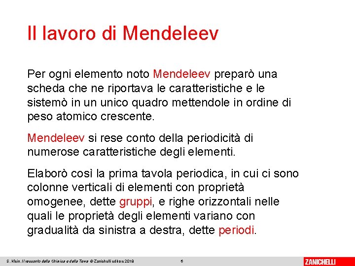 Il lavoro di Mendeleev Per ogni elemento noto Mendeleev preparò una scheda che ne