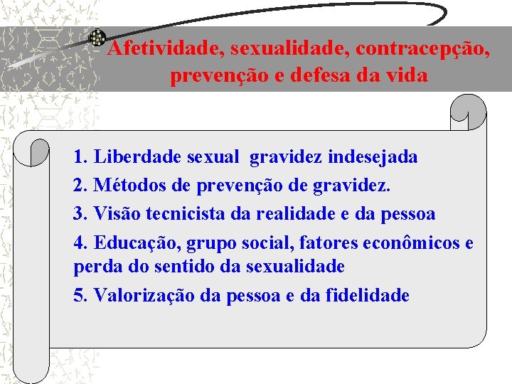 Afetividade, sexualidade, contracepção, prevenção e defesa da vida 1. Liberdade sexual gravidez indesejada 2. Afetividade, sexualidade, contracepção, prevenção e defesa da vida 1. Liberdade sexual gravidez indesejada 2.