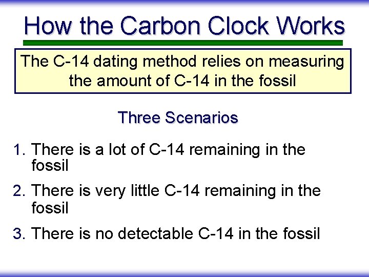 How the Carbon Clock Works The C-14 dating method relies on measuring the amount