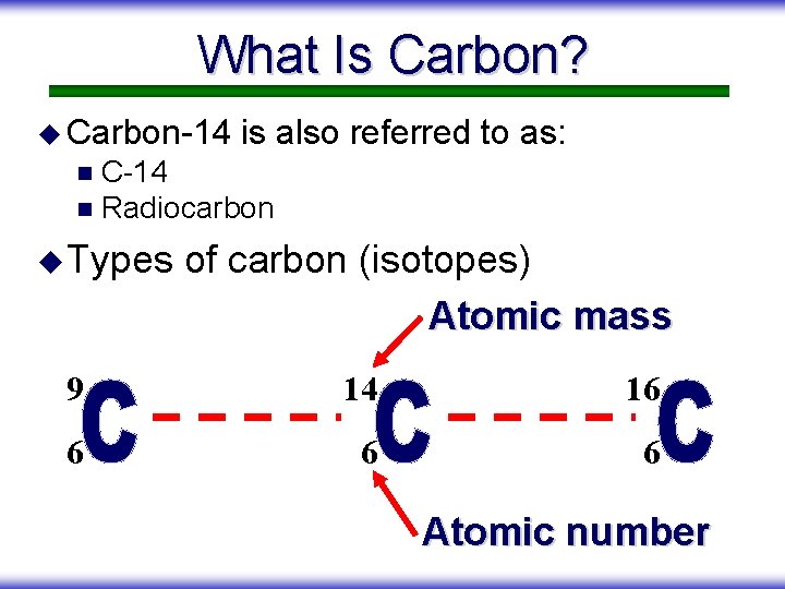 What Is Carbon? u Carbon-14 is also referred to as: C-14 n Radiocarbon n