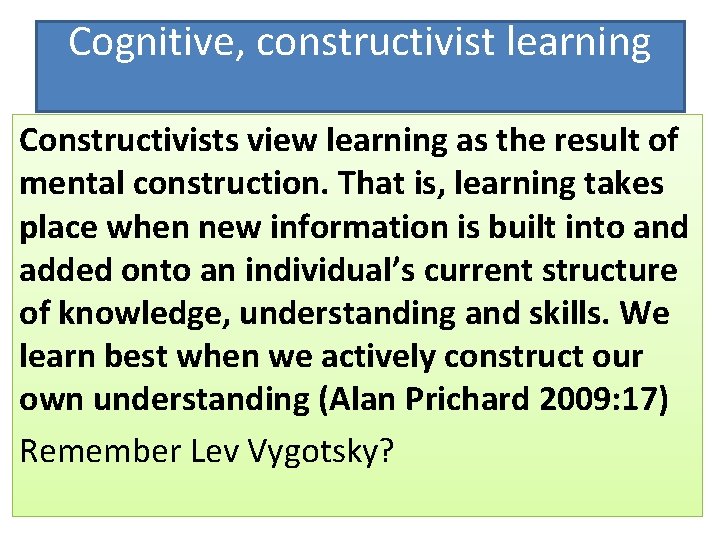 Cognitive, constructivist learning Constructivists view learning as the result of mental construction. That is, Cognitive, constructivist learning Constructivists view learning as the result of mental construction. That is,