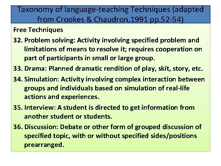 Taxonomy of language-teaching Techniques (adapted from Crookes & Chaudron, 1991 pp. 52 -54) Free Taxonomy of language-teaching Techniques (adapted from Crookes & Chaudron, 1991 pp. 52 -54) Free