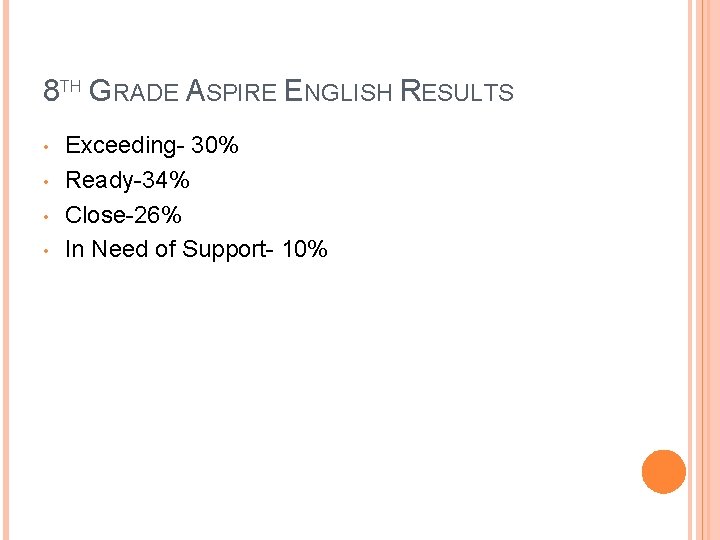 8 TH GRADE ASPIRE ENGLISH RESULTS • • Exceeding- 30% Ready-34% Close-26% In Need