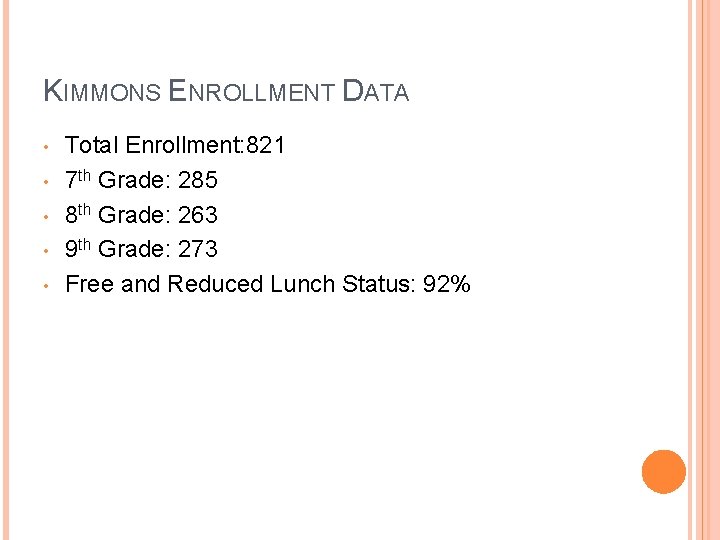 KIMMONS ENROLLMENT DATA • • • Total Enrollment: 821 7 th Grade: 285 8