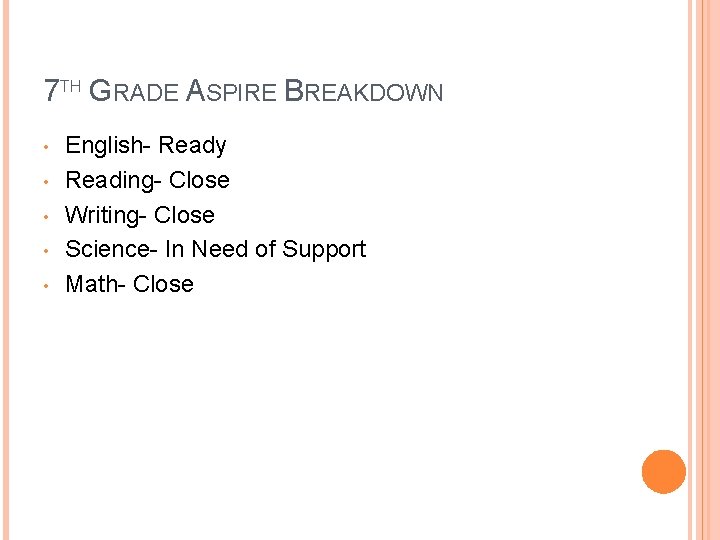 7 TH GRADE ASPIRE BREAKDOWN • • • English- Ready Reading- Close Writing- Close