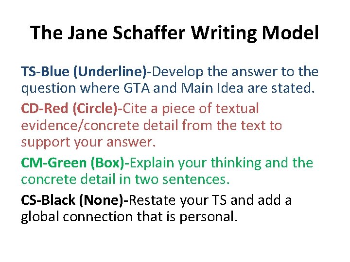 The Jane Schaffer Writing Model TS-Blue (Underline)-Develop the answer to the question where GTA