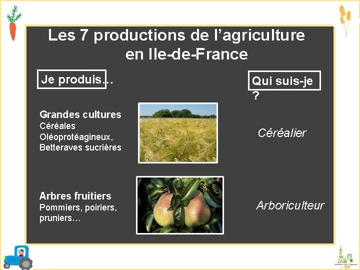 Les 7 productions de l’agriculture en Ile-de-France Je produis… Qui suis-je ? Grandes cultures