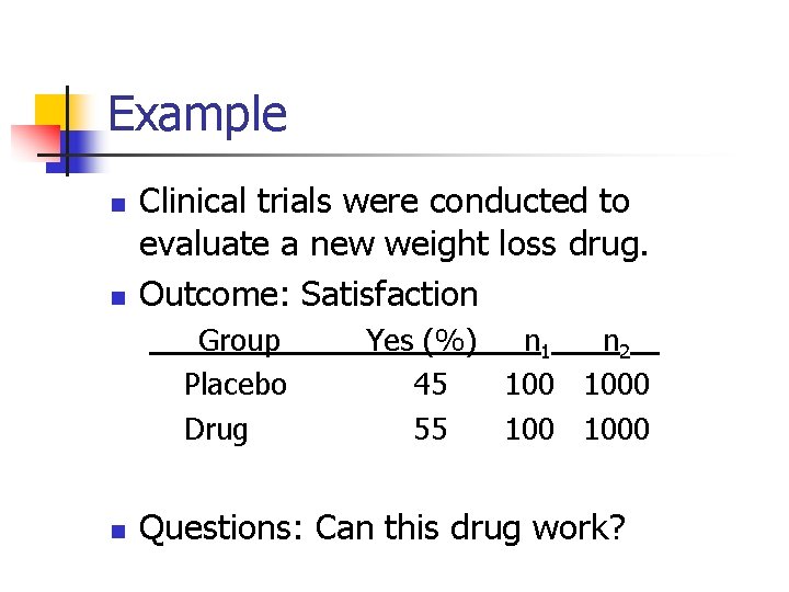 Example n n Clinical trials were conducted to evaluate a new weight loss drug.