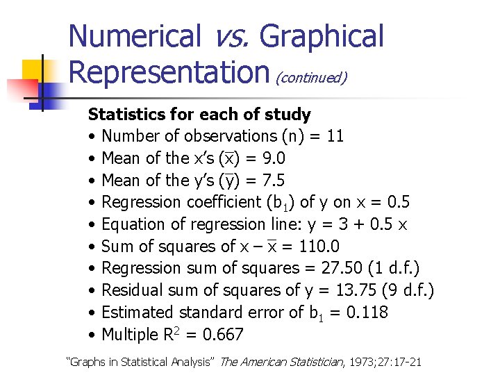 Numerical vs. Graphical Representation (continued) Statistics for each of study • Number of observations