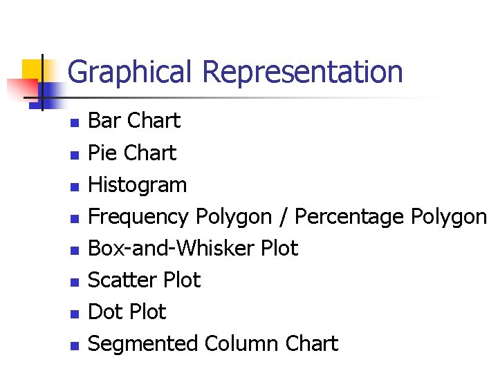 Graphical Representation n n n n Bar Chart Pie Chart Histogram Frequency Polygon /