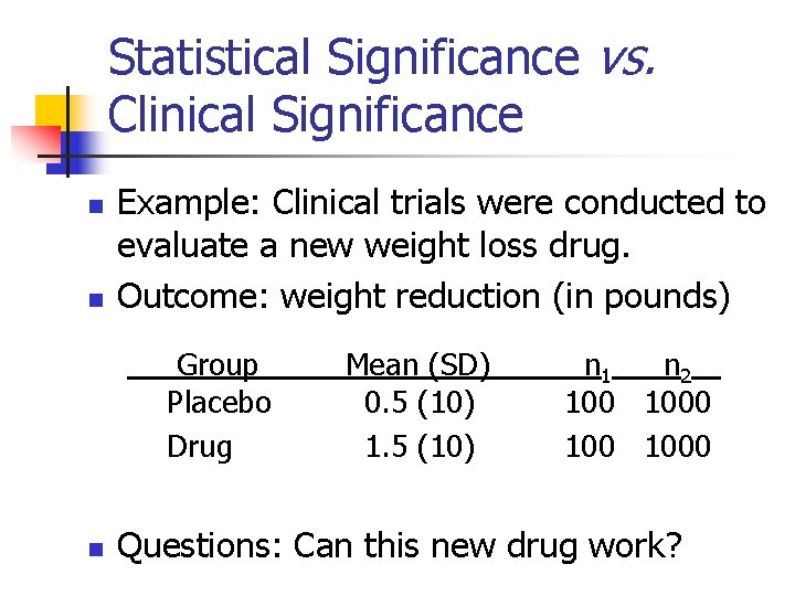 Statistical Significance vs. Clinical Significance n n Example: Clinical trials were conducted to evaluate